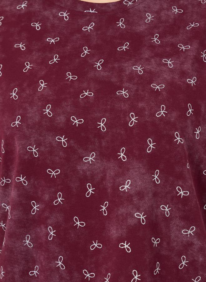 Styli Women Burgundy Bow Print Oversized T-Shirt - Image 3